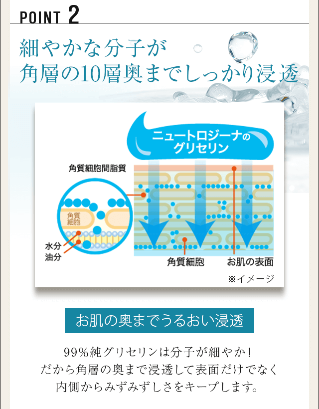 POINT02 細やかな分子が角層の10層奥までしっかり浸透 お肌の奥までうるおい浸透
