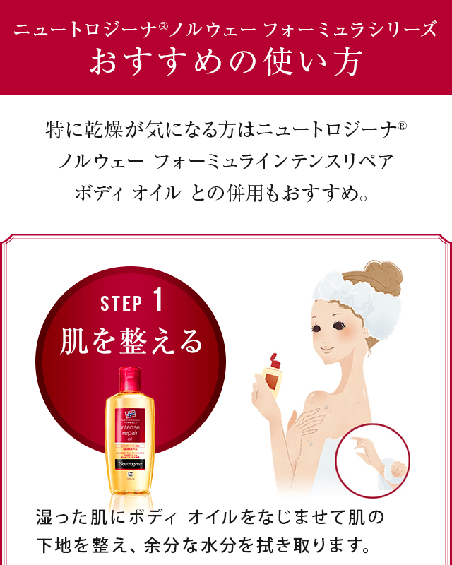 特に乾燥が気になる方はニュートロジーナ ノルウェー フォーミュラインテンスリペア ボディ オイル との併用もおすすめ