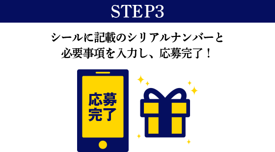 STEP3 シールに記載のシリアルナンバーと必要事項を入力し、応募完了！