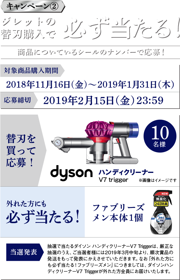 キャンペーン2 ジレットの替刃購入で必ず当たる！商品についているシールのナンバーで応募！ 対象商品購入期間：2018年11月16日(金)～2019年1月31日（木） 応募締切：2019年2月15日（金） 23:59 替刃を買って応募！dysonハンディクリーナーV7trigger 外れた方にも必ず当たる！ファブリーズメン本体1個 抽選で当たるダイソン ハンディクリーナーV7 Triggerは、厳正な抽選のうえ、ご当選者様には2019年3月中旬より、順次賞品の発送をもって発表にかえさせていただきます。なお「外れた方にも必ず当たる！ファブリーズメン」につきましては、ダイソンハンディクリーナーV7 Triggerが外れた方全員にお届けいたします。