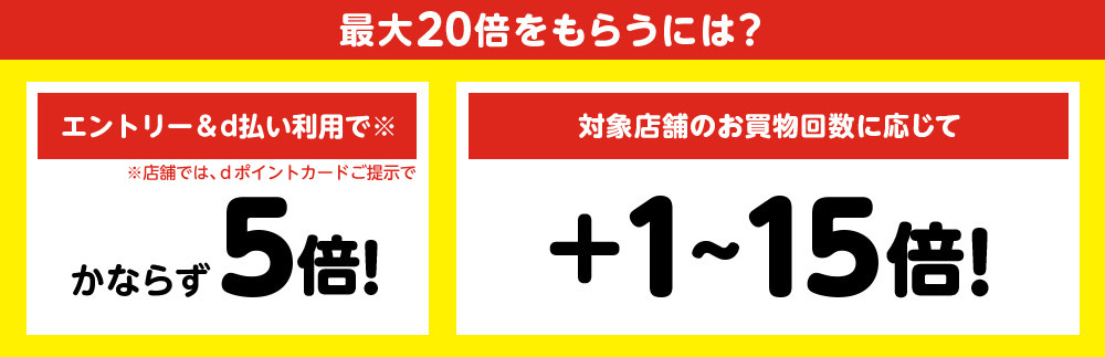 最大20倍をもらうには？／エントリー＆d払い利用でかならず5倍！／対象店舗のお買い物回数に応じて+1～15倍！