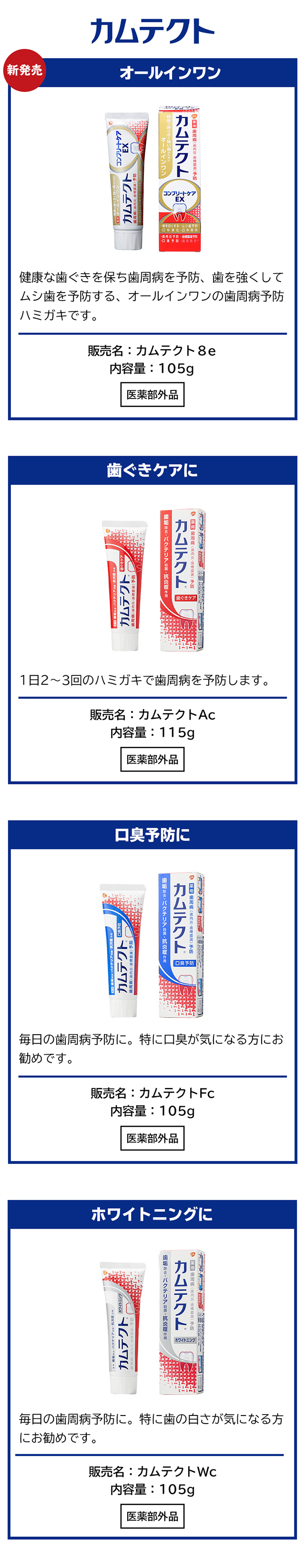 カムテクト商品ラインナップ【新発売】カムテクト オールインワン 強い歯と健康な歯ぐきのために　／　歯ぐきケアに　カムテクトAc　／　口臭予防に　カムテクトFc　／　ホワイトニングに　カムテクトWc