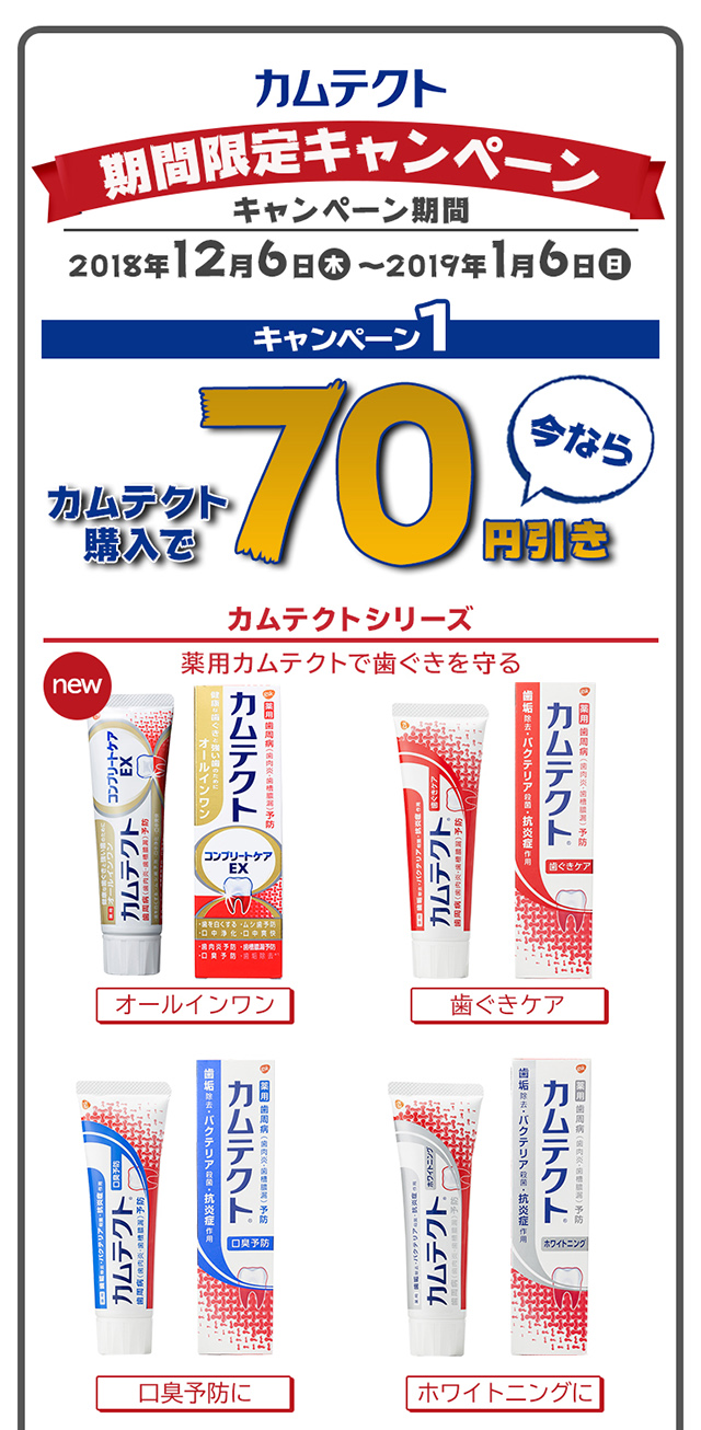 カムテクト 期間限定キャンペーン 2018年12月6日〜2019年1月6日　キャンペーン１ カムテクト購入で今なら70円引き