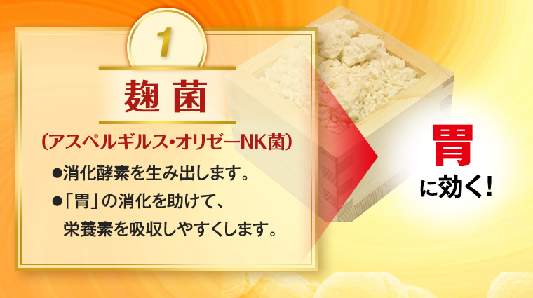 1.麹菌(アスペルギルス・オリゼーNH菌) ●消化酵素を生み出します。●「胃」の消化を助けて、 栄養素を吸収しやすくします。 →胃に効く