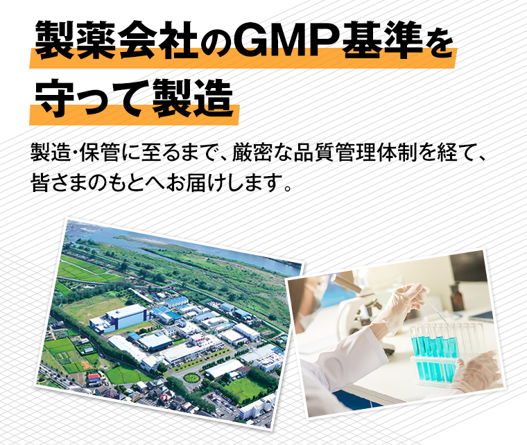 製薬会社のGMP基準を守って製造 製造・保管に至るまで、厳密な品質管理体制を経て、皆さまのもとへお届けします。