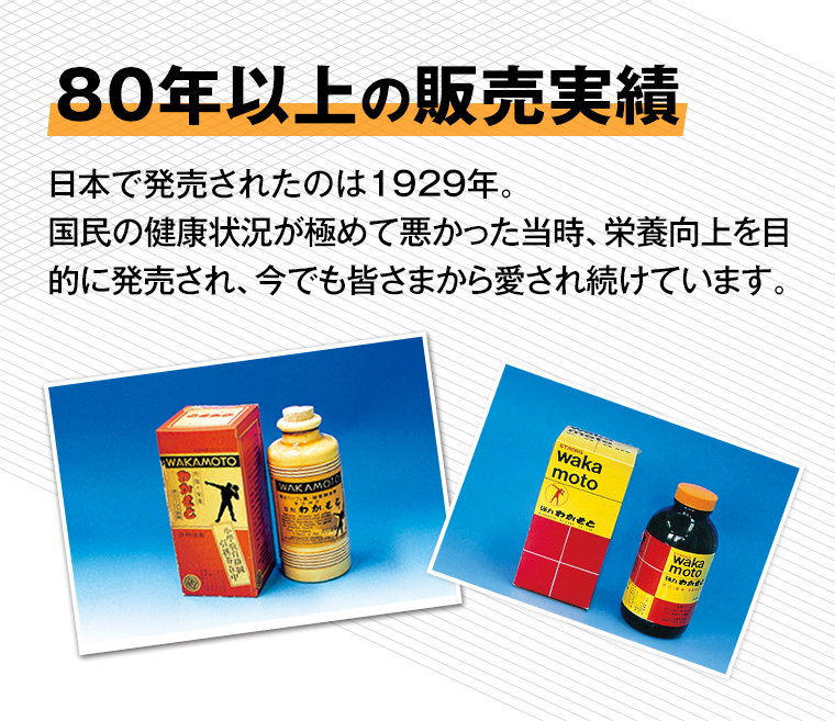 80年以上の販売実績 日本で発売されたのは1929年。国民の健康状況が極めて悪かった当時、栄養向上を目的に発売され、今でも皆さまから愛され続けています。