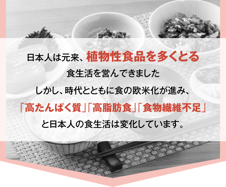 日本人は元来、植物性食品を多くとる食生活を営んできました。しかし、時代とともに食の欧米化が進み、「高たんぱく質」「高脂肪食」「食物繊維不足」と日本人の食生活は変化しています。
