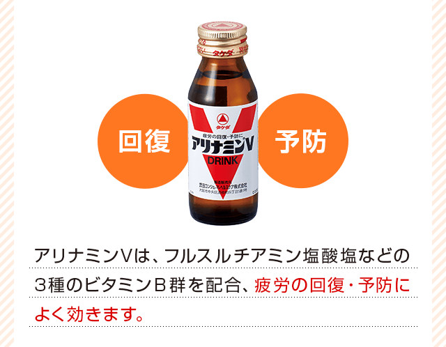 アリナミンVは、フルスルチアミン塩酸塩などのビタミンＢ群を配合、疲労の回復・予防によく効きます。
