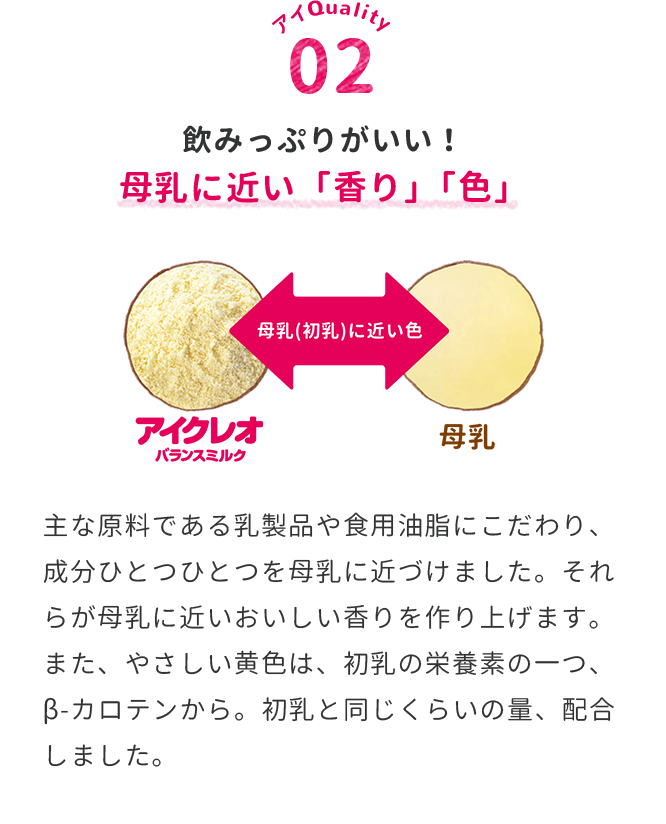 飲みっぷりがいい！母乳に近い「香り」「色」　主な原料である乳製品や食用油脂にこだわり、成分ひとつひとつを母乳に近づけました。それらが母乳に近いおいしい香りを作り上げます。また、やさしい黄色は、初乳の栄養素の一つ、β-カロテンから。初乳と同じくらいの量、配合しました。
