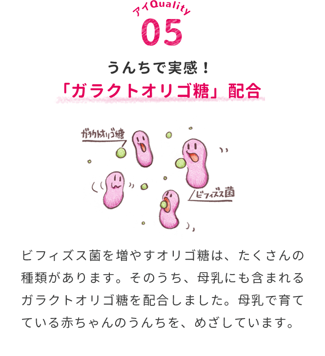 うんちで実感！「ガラクトオリゴ糖」配合　ビフィズス菌を増やすオリゴ糖は、たくさんの種類があります。そのうち、母乳にも含まれるガラクトオリゴ糖を配合しました。母乳で育てている赤ちゃんのうんちを、めざしています。