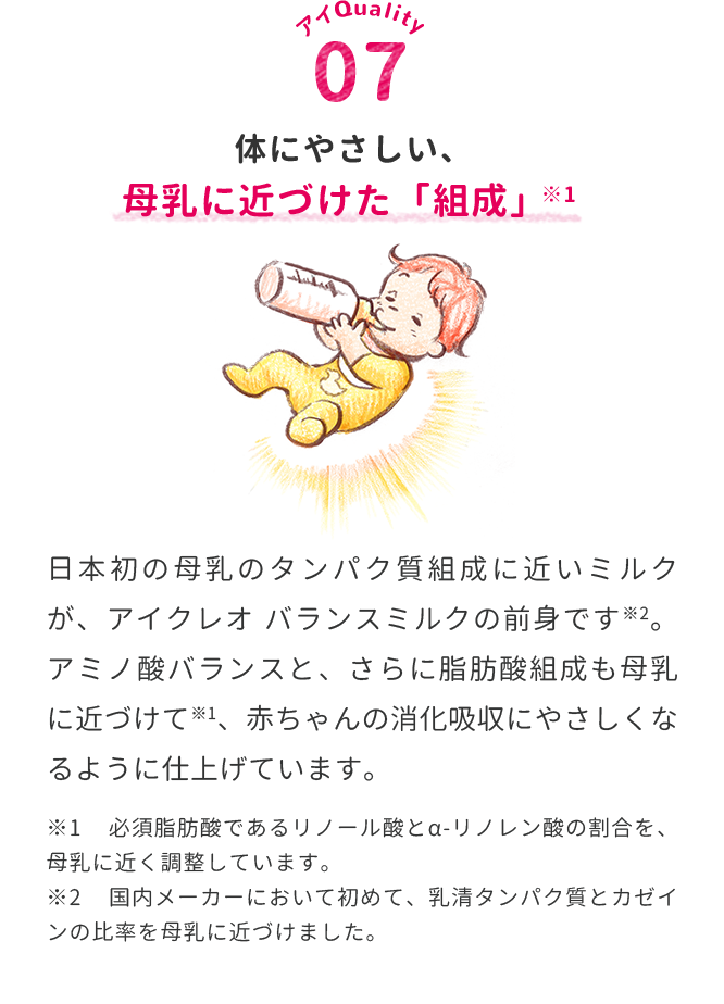 体にやさしい、母乳に近づけた「組成」※1　日本初の母乳のタンパク質組成に近いミルクが、アイクレオバランスミルクの前身です※2。アミノ酸バランスと、さらに脂肪酸組成も母乳に近づけて※1、赤ちゃんの消化吸収にやさしくなるように仕上げています。※1 必須脂肪酸であるリノール酸とα-リノレン酸の割合を、母乳に近く調整しています。※2 国内メーカーにおいて初めて、乳清タンパク質とカゼインの比率を母乳に近づけました。