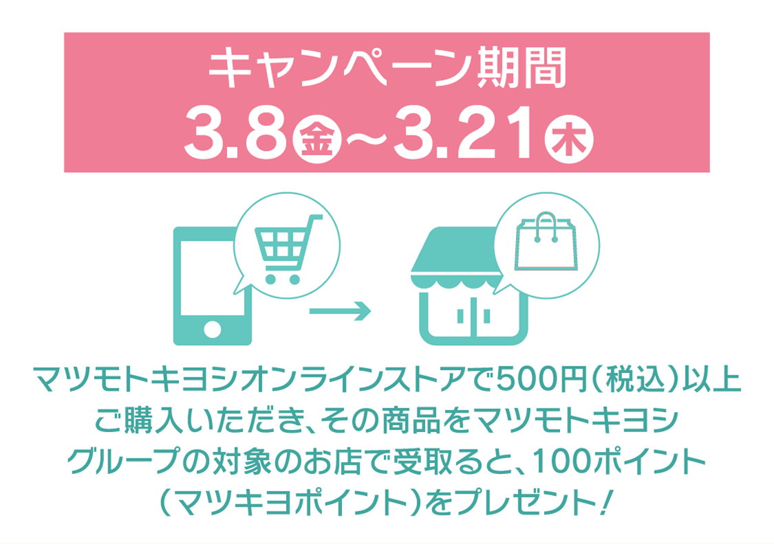 マツモトキヨシオンラインストアで500円（税込）以上購入いただき、その商品をマツモトキヨシグループ限定のお店で受け取ると100ポイント！