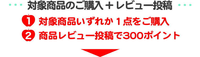 対象商品のご購入+レビュー投稿 1.対象商品いずれか１点をご購入 2.商品レビュー投稿で300ポイント