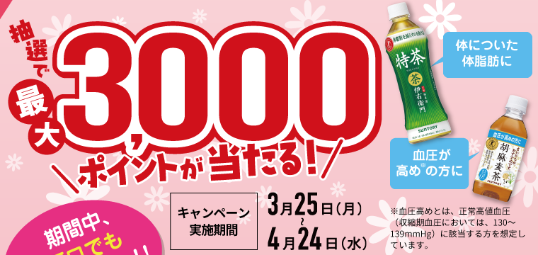 抽選で最大3,000ポイントが当たる！キャンペーン実施期間 3月25日（月）～4月24日（水）