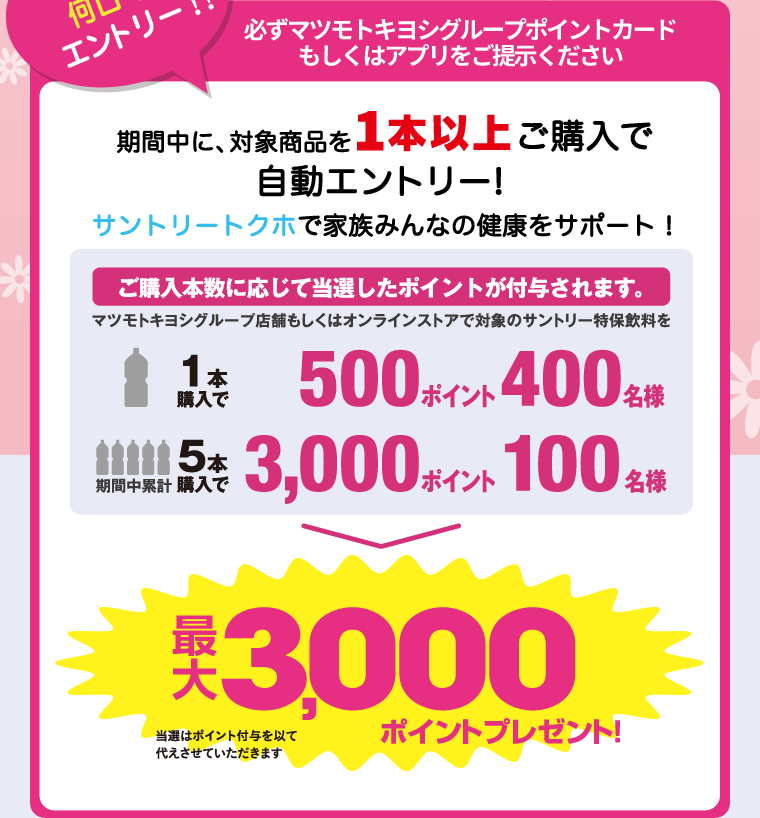 期間中に、対象商品を1本以上ご購入で自動エントリー！サントリートクホで家族みんなの健康をサポート！