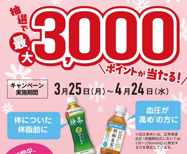 抽選で最大3,000ポイントが当たる！キャンペーン実施期間 3月25日（月）～4月24日（水）