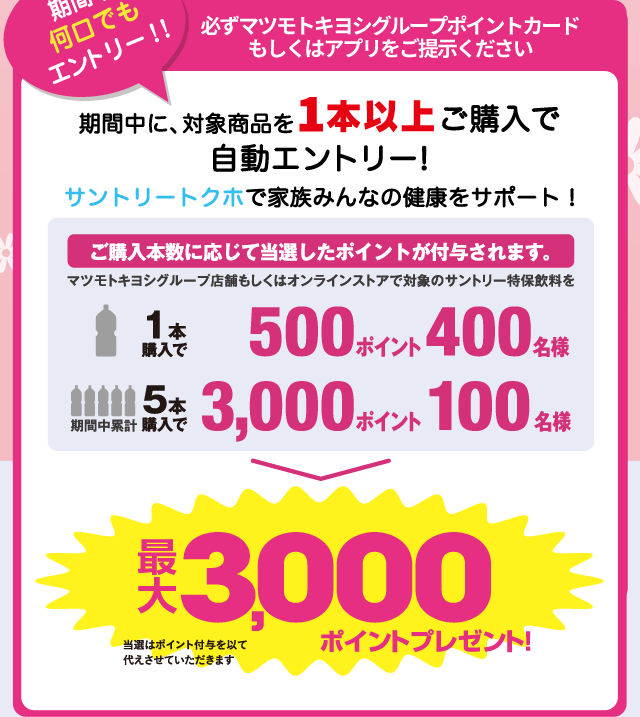 期間中に、対象商品を1本以上ご購入で自動エントリー！サントリートクホで家族みんなの健康をサポート！