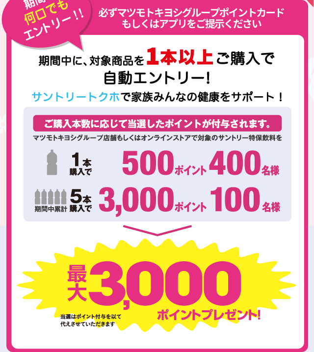 期間中に、対象商品を1本以上ご購入で自動エントリー！サントリートクホで家族みんなの健康をサポート！
