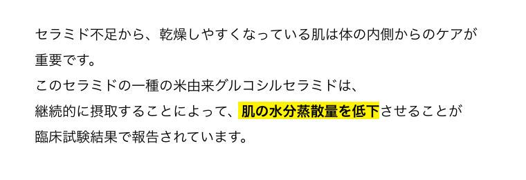 セラミド不足から、乾燥しやすくなっている肌は体の内側からのケアが重要です。このセラミドの一種の米由来グルコシルセラミドは、継続的に摂取することによって、肌の水分蒸散量を低下させることが臨床試験結果で報告されています。