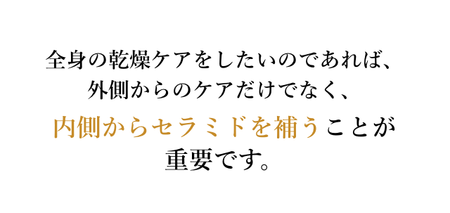 全身の乾燥ケアをしたいのであれば、外側からのケアだけでなく、内側からセラミドを補うことが重要です