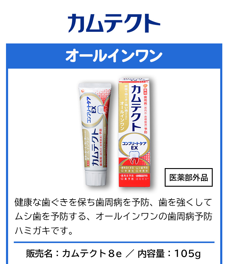カムテクト オールインワン 健康な歯ぐきを保ち歯周病を予防、歯を強くしてムシ歯を予防する、オールインワンの歯周病予防ハミガキです。販売名：カムテクト8e　内容量：105g