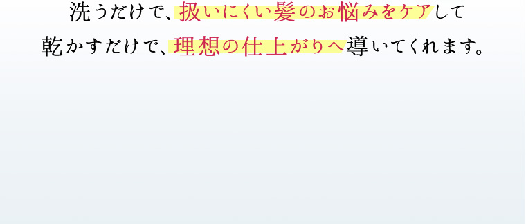 洗うだけで、扱いにくい髪のお悩みをケアして 乾かすだけで、理想の仕上がりへ導いてくれます。