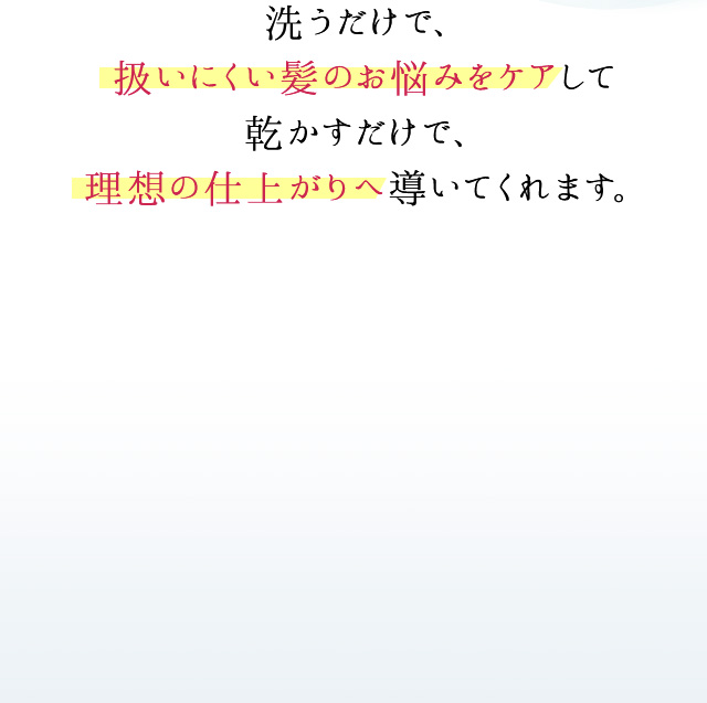 洗うだけで、扱いにくい髪のお悩みをケアして 乾かすだけで、理想の仕上がりへ導いてくれます。