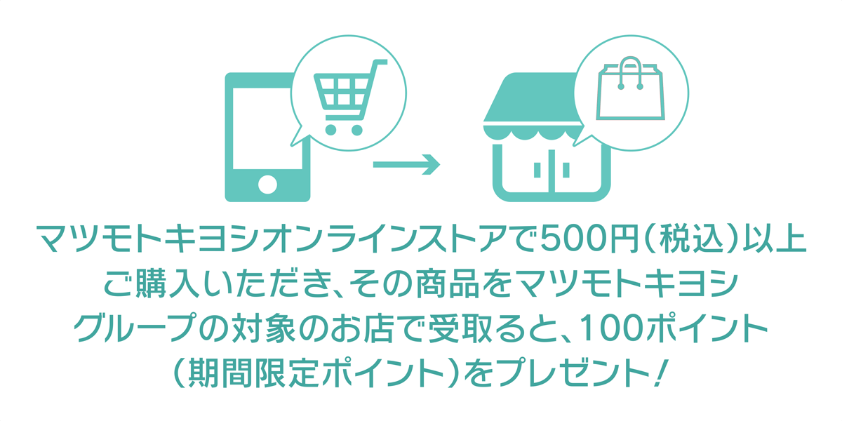 マツモトキヨシオンラインストアで500円（税込）以上購入いただき、その商品をマツモトキヨシグループ限定のお店で受け取ると100ポイント！