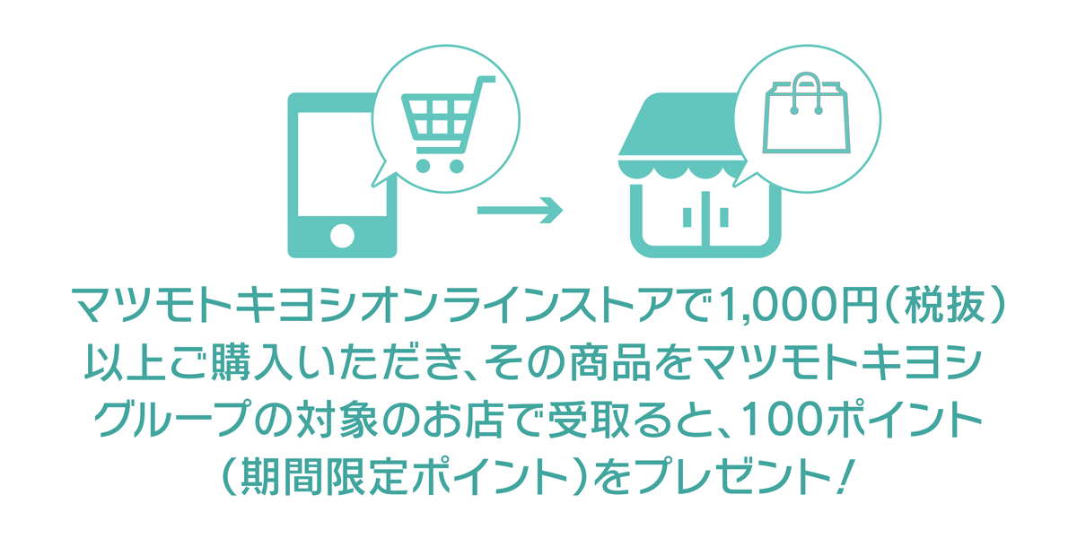 マツモトキヨシオンラインストアで1,000円（税抜）以上購入いただき、その商品をマツモトキヨシグループ限定のお店で受け取ると100ポイント！
