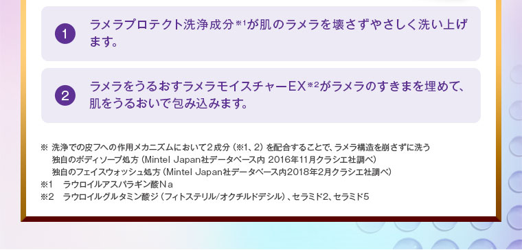 ラメラプロテクト洗浄成分が肌のラメラを壊さずやさしく洗い上げます