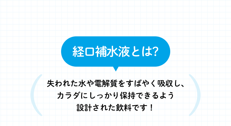 経口補水液とは? 失われた水や電解質をすばやく吸収し、カラダにしっかり保持できるよう設計された飲料です！