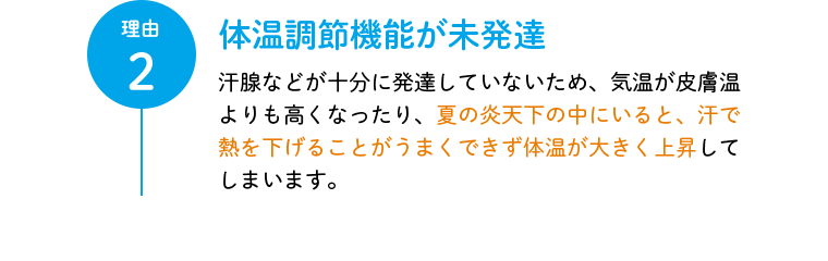 理由2 体温調節機能が未発達 汗腺などが十分に発達していないため、気温が皮膚温よりも高くなったり、夏の炎天下の中にいると、汗で熱を下げることがうまくできず体温が大きく上昇してしまいます。