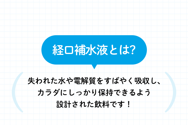 経口補水液とは? 失われた水や電解質をすばやく吸収し、カラダにしっかり保持できるよう設計された飲料です！