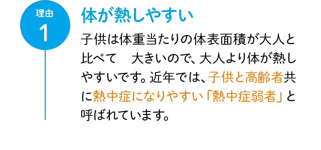 理由1 体が熱しやすい 子供は体重当たりの体表面積が大人と比べて 大きいので、大人より体が熱しやすいです。近年では、子供と高齢者共に熱中症になりやすい「熱中症弱者」と呼ばれています。