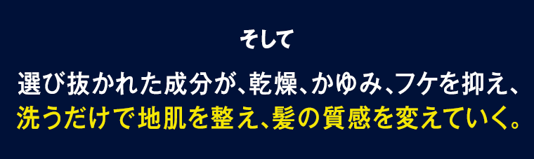 そして選び抜かれた成分が、乾燥、かゆみ、フケを抑え、洗うだけで地肌を整え、髪の質感を変えていく。