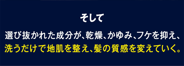 そして選び抜かれた成分が、乾燥、かゆみ、フケを抑え、洗うだけで地肌を整え、髪の質感を変えていく。