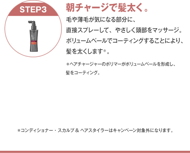朝チャージで髪太く。 毛や薄毛が気になる部分に、 直接スプレーして、やさしく頭部をマッサージ。 ボリュームベールでコーティングすることにより、 髪を