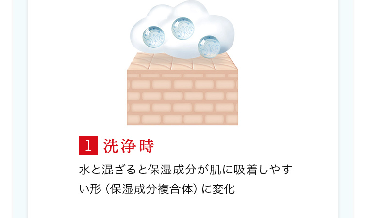 1.洗浄時 水と混ざると保湿成分が肌に吸着しやすい形（保湿成分複合体）に変化