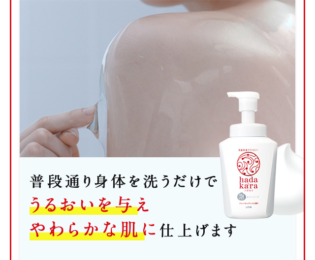普段通り身体を洗うだけでうるおいを与えやわらかな肌に仕上げます
