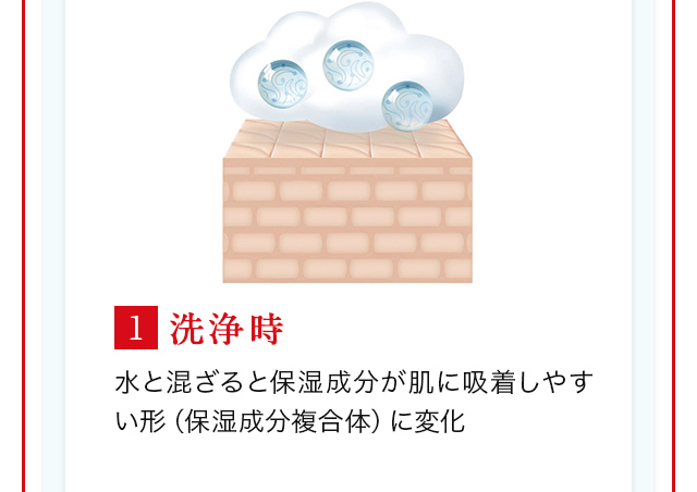 1.洗浄時 水と混ざると保湿成分が肌に吸着しやすい形（保湿成分複合体）に変化