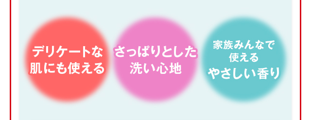 デリケートな肌にも使える　さっぱりとした洗い心地　家族みんなで使えるやさしい香り