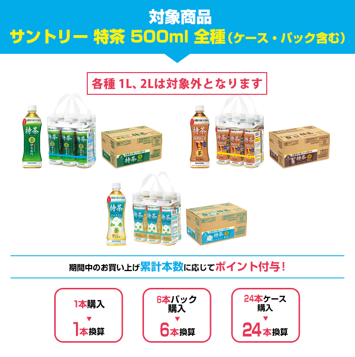 対象商品　サントリー 特茶 500ml 全種（ケース・パック含む）