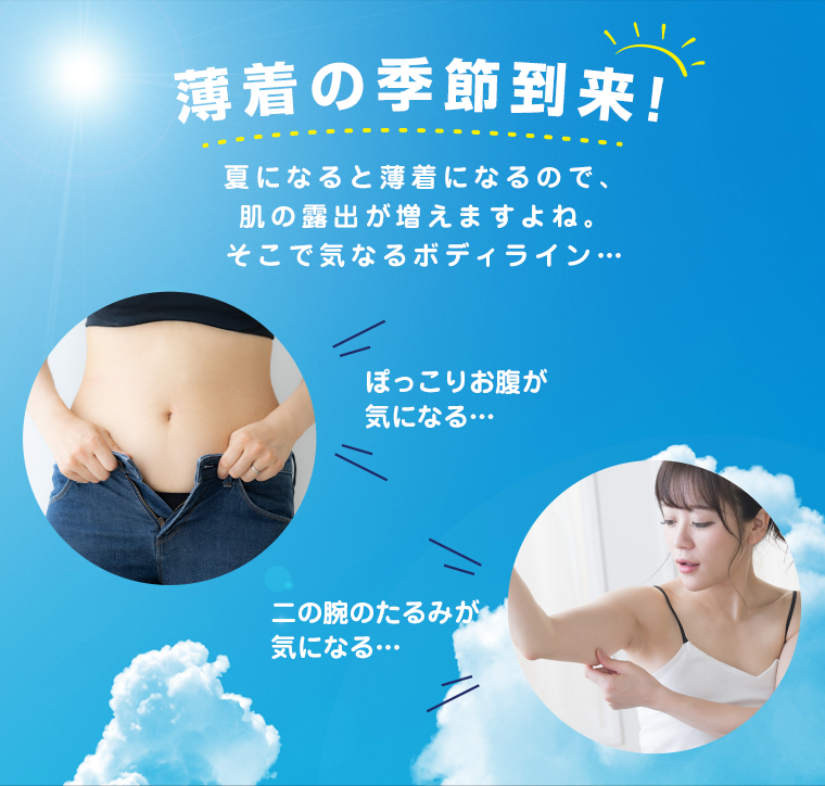 薄着の季節到来！夏になると薄着になるので、肌の露出が増えますよね。そこで気になるボディライン…ぽっこりお腹が気になる…二の腕のたるみが気になる…