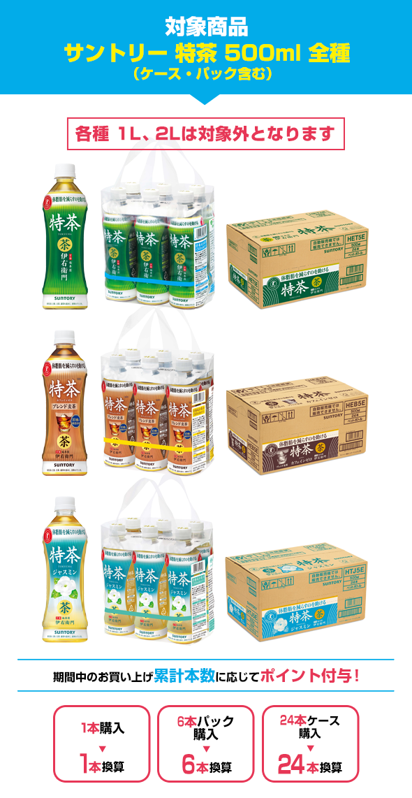 対象商品　サントリー 特茶 500ml 全種（ケース・パック含む）