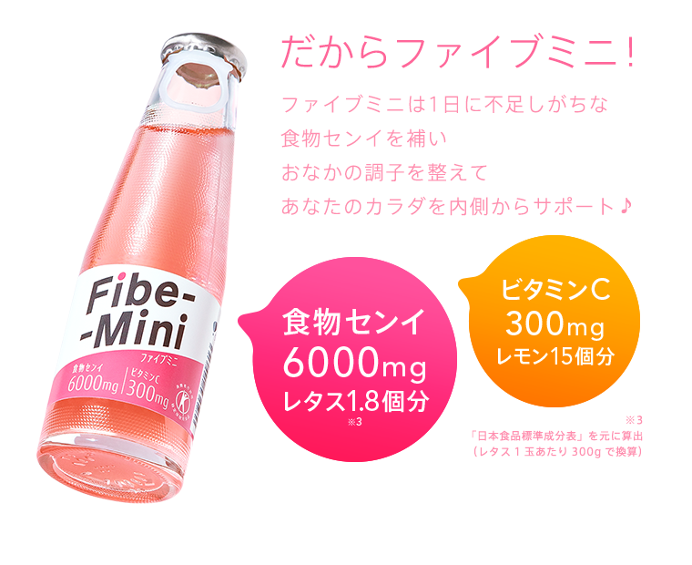 だからファイブミニ！ファイブミニは1日に不足しがちな食物センイを補いおなかの調子を整えてあなたのカラダを内側からサポート