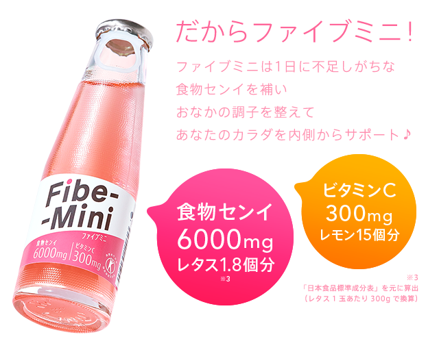 だからファイブミニ！ファイブミニは1日に不足しがちな食物センイを補いおなかの調子を整えてあなたのカラダを内側からサポート