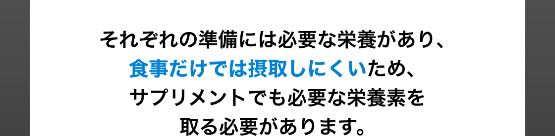 それぞれの準備には必要な栄養があり、食事だけでは摂取しにくいため、サプリメントでも必要な栄養素を取る必要があります。