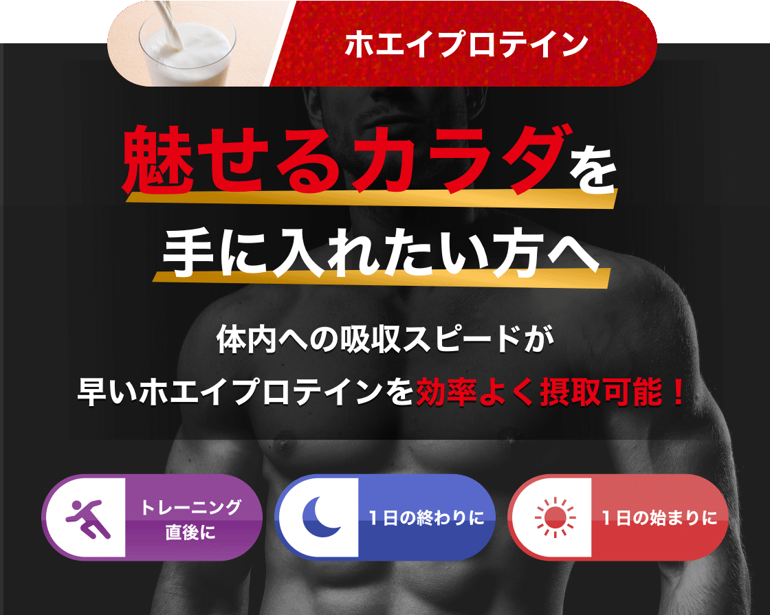ホエイプロテイン 魅せるカラダを手に入れたい方へ体内への吸収スピードが早いホエイプロテインを効率よく摂取可能！