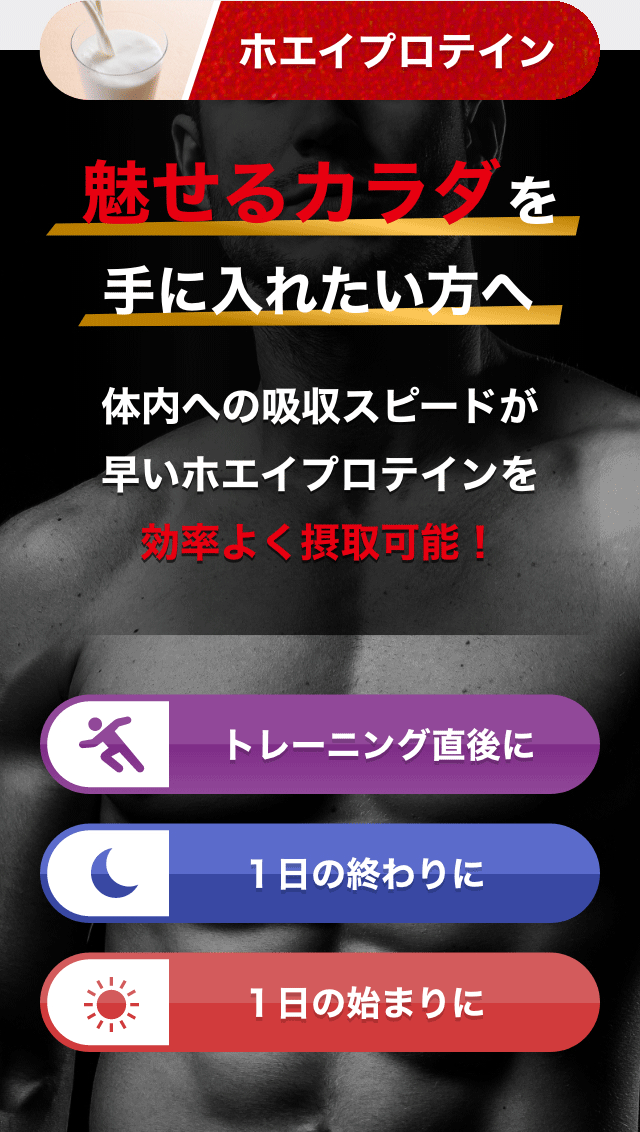 ホエイプロテイン 魅せるカラダを手に入れたい方へ体内への吸収スピードが早いホエイプロテインを効率よく摂取可能！