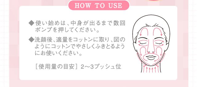 ◆使い始めは、中身が出るまで数回ポンプを　押してください。◆洗顔後、適量をコットンに取り、図のように コットンでやさしくふきとるようにお使いください。［使用量の目安］ 2〜3プッシュ位